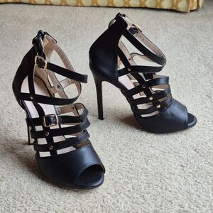 Womens Fashion Black Strappy Heels Size 38 Or 7.5 US, Peep Toe Stilettos